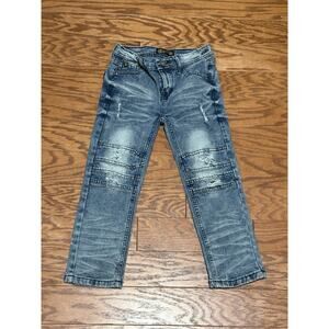 Billion Dollar Coin Youth Ice Blue Denim Stretch Distressed Biker Jeans, Size 7